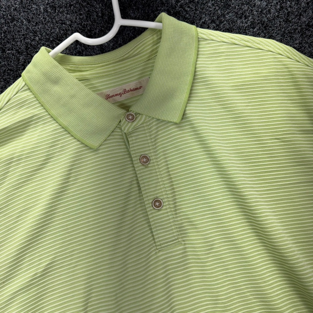 Tommy Bahama Mens‎ XL Polo Shirt Lime Green White Stripe Modal Blend Short SL